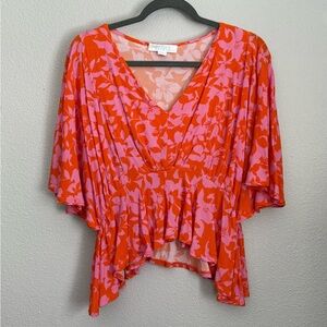 BUNULU Floral V-Neck Crop Blouse - Orange and Pink
